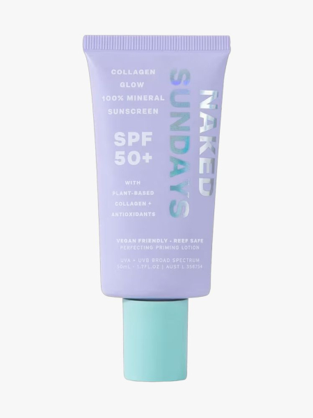 Naked Sundays Mineral Priming Sunscreen SPF 50+ Lotion with Collagen in branded component on a light gray background